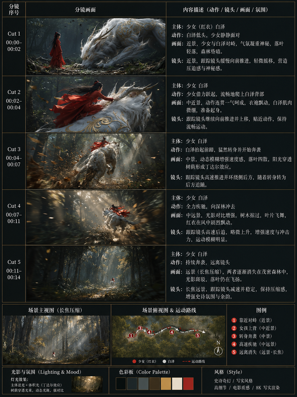 红衣少女+白泽神兽故事板提示词